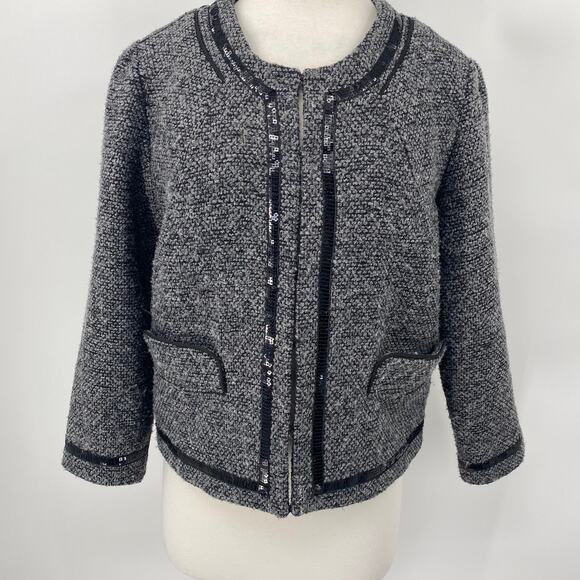 Cynthia Rowley Sweater Coat Tweed Wool Collarless Sequined Piping Grey Womens L - Picture 2 of 10